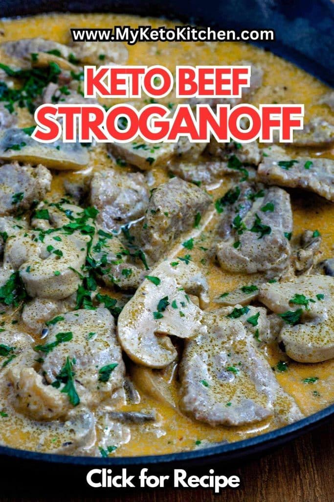 Keto beef stroganoff in a cast iron pan.