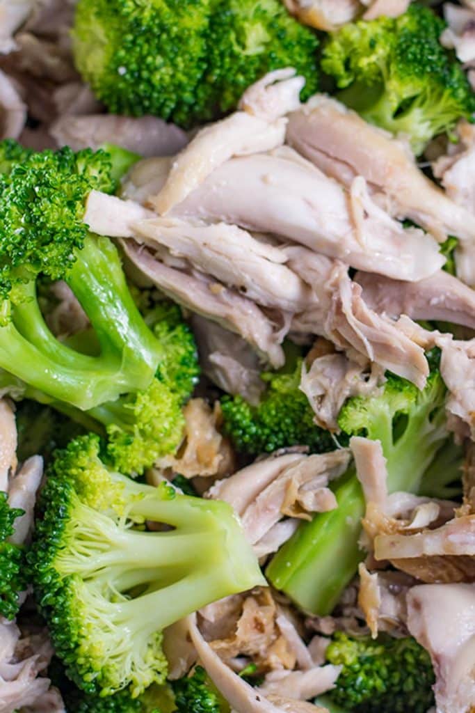 Chicken and broccoli in a baking dish.