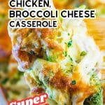 Two images of keto chicken broccoli and cheese casserole with text saying, "Easy keto broccoli, chicken, cheese casserole."
