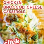 Two images of keto chicken broccoli and cheese casserole with text saying, "Easy keto broccoli, chicken, cheese casserole."