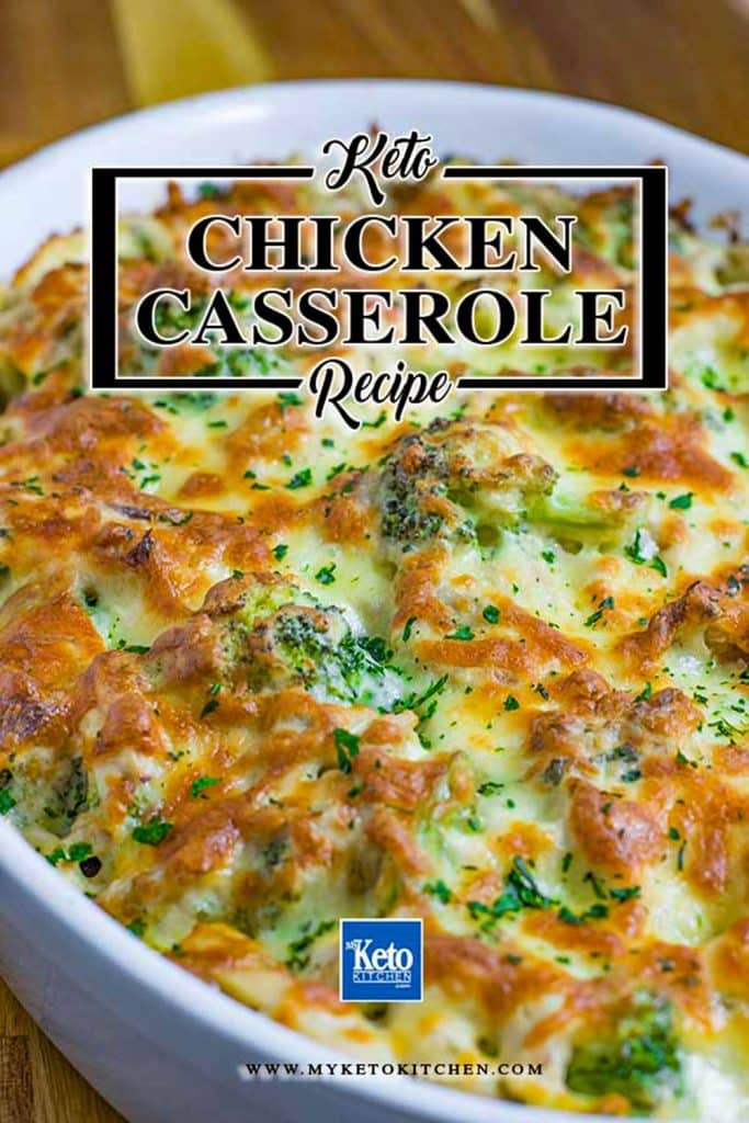 Keto chicken, cheese and broccoli casserole in a baking dish.