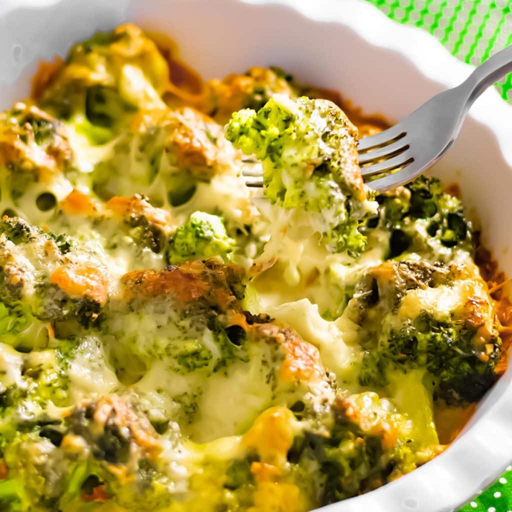 Keto broccoli casserole in a casserole dish.