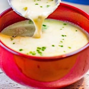 Keto cream of chicken soup being poured into a red soup bowl with a ladle.