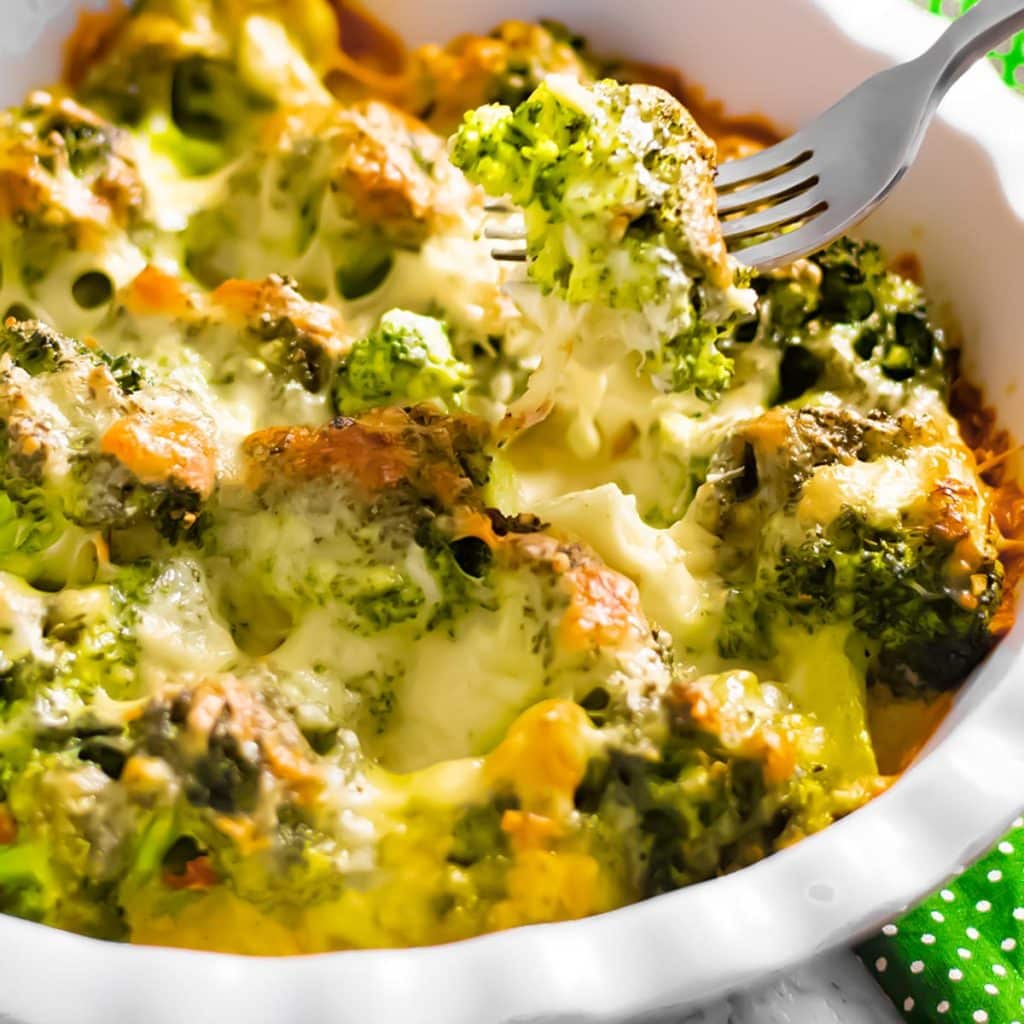 Keto broccoli casserole in a dish.