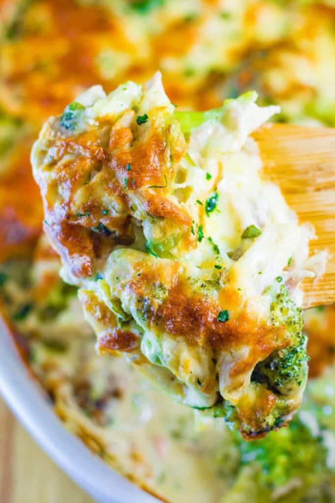 Keto chicken, cheese and broccoli casserole in a baking dish.