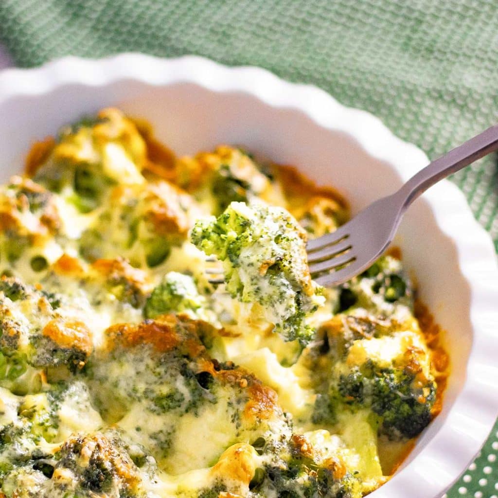 Keto broccoli cheese casserole recipe, aka gratin.