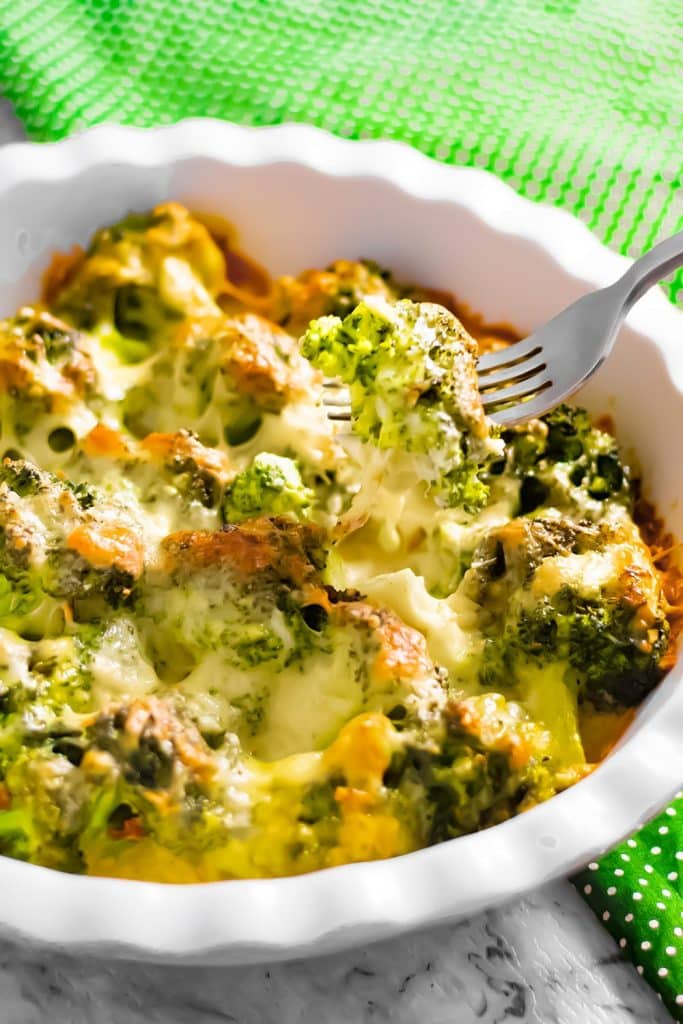 Keto broccoli casserole in a dish.