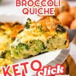 Keto crustless quiche with broccoli and cheese slice.