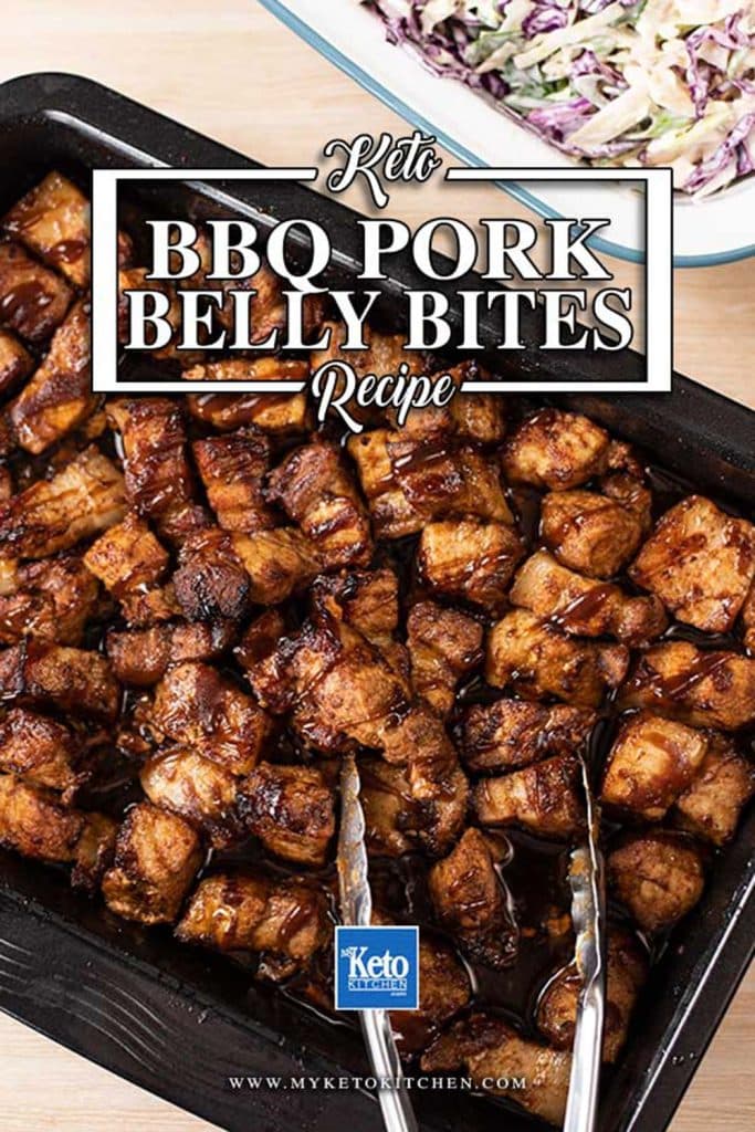 Keto pork belly bites in a tray with text saying, "keto pork belly bites recipe."