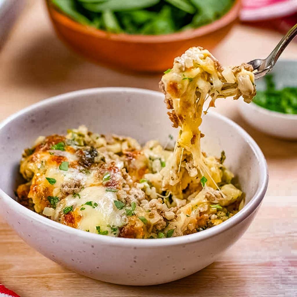 Keto ground beef and cheese casserole in a white bowl being lifted by a fork.