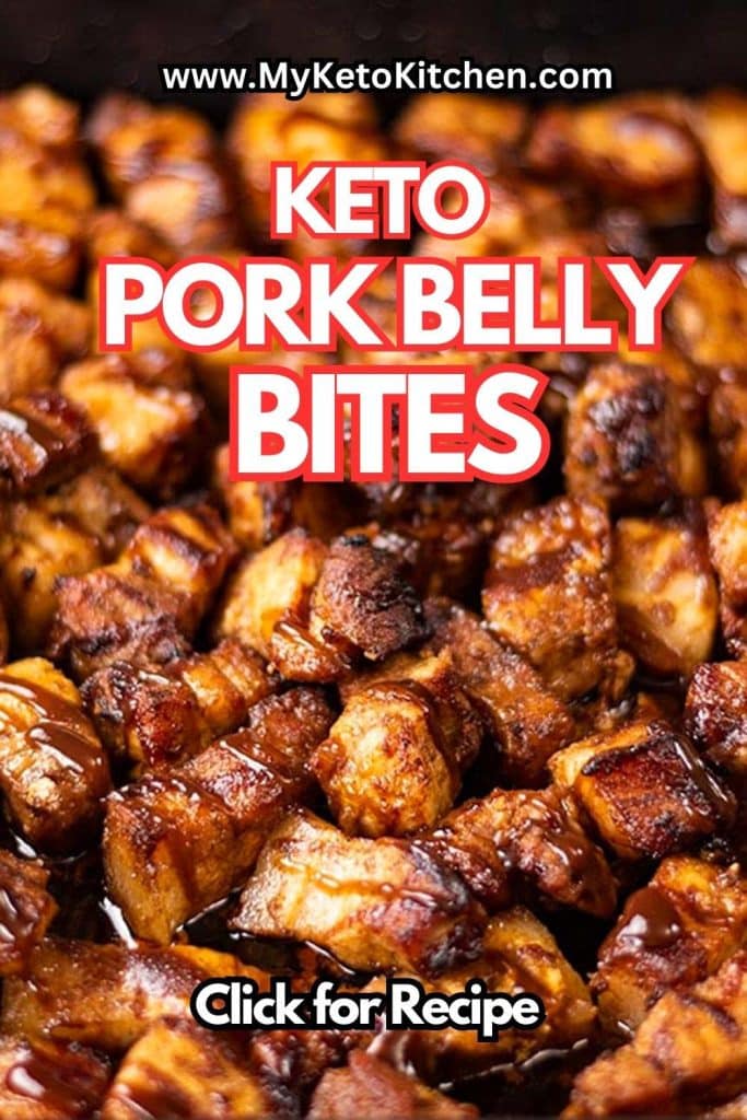 Keto pork belly bites in a tray with text saying, "keto pork belly bites recipe."