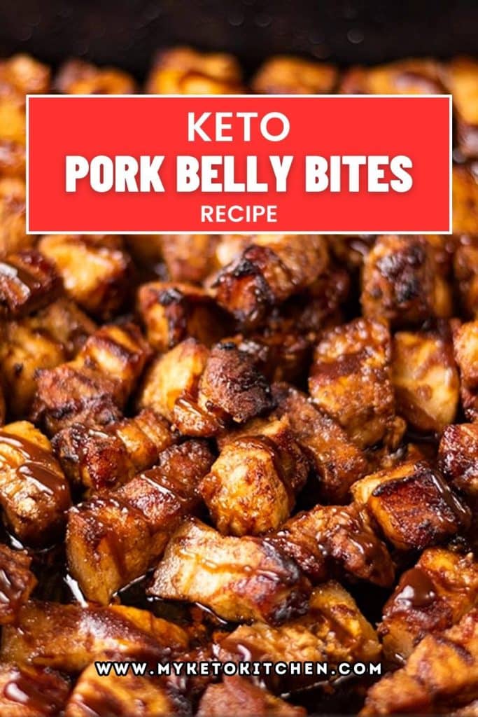 Keto pork belly bites in a tray with text saying, "keto pork belly bites recipe."