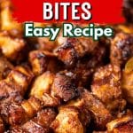 Keto pork belly bites in a tray with text saying, "keto pork belly bites recipe."