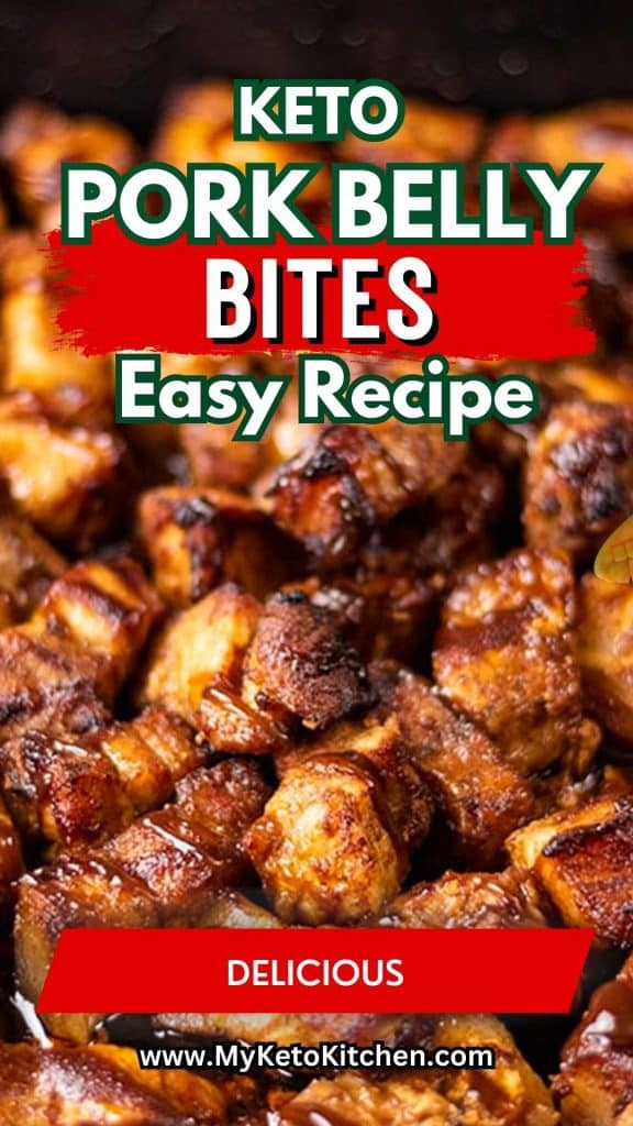 Keto pork belly bites in a tray with text saying, "keto pork belly bites recipe."