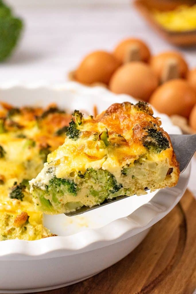 A slice of keto broccoli crustless quiche.