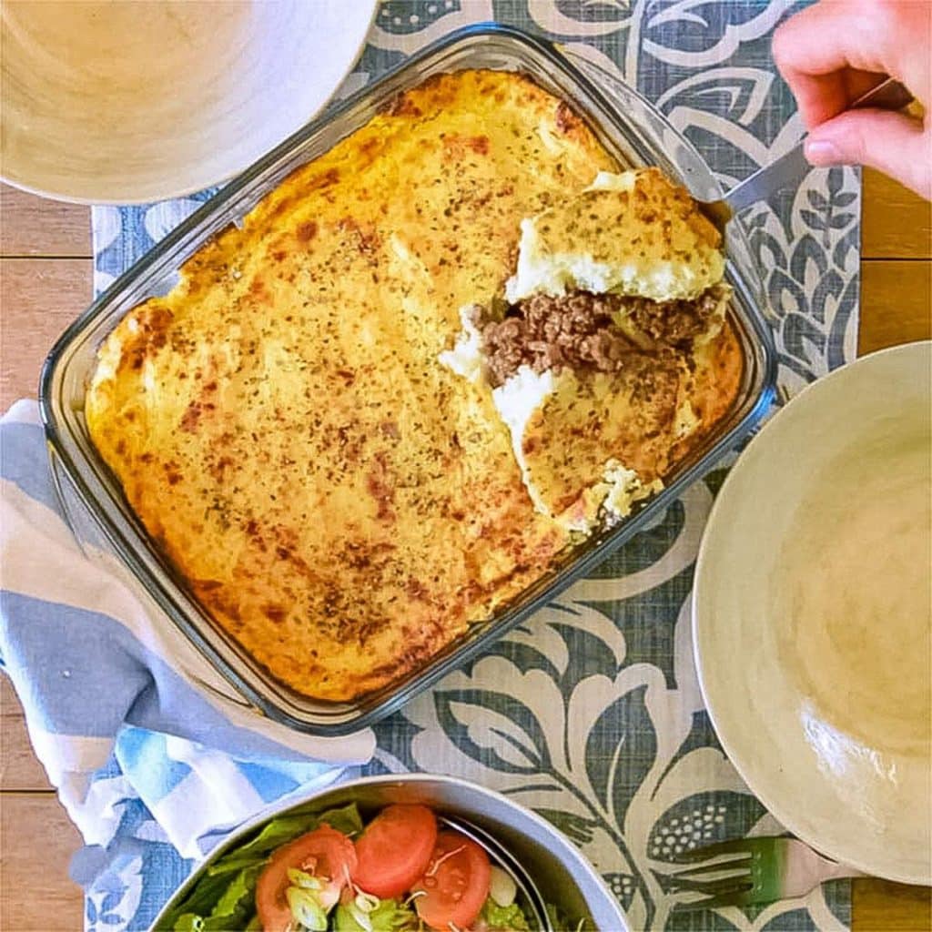 Keto cottage pie in a baking dish.