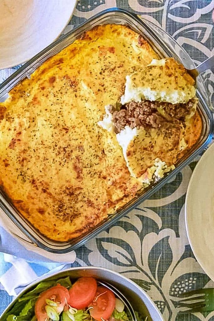 Keto cottage pie in a baking dish.