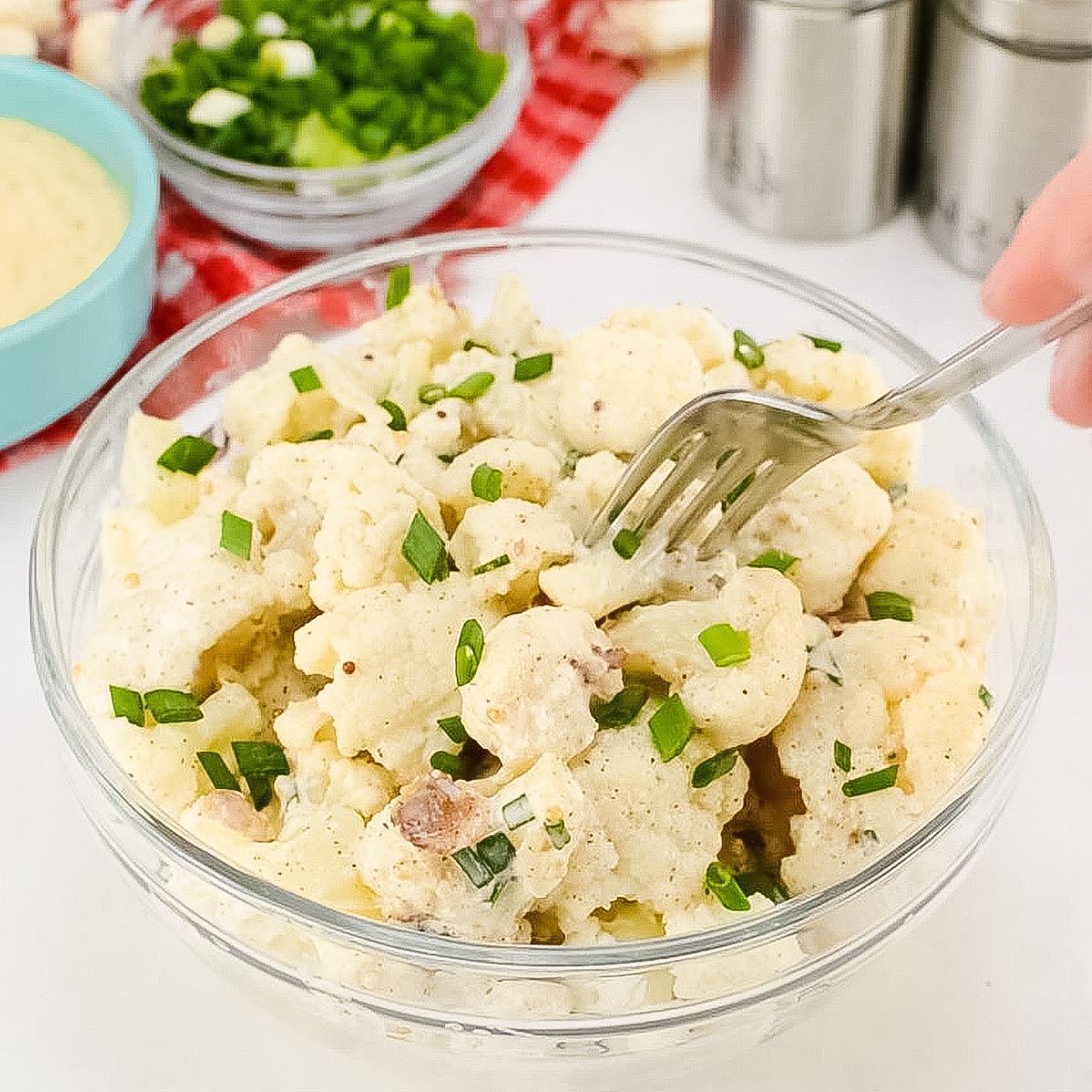 Keto cauliflower salad in a salad bowl.