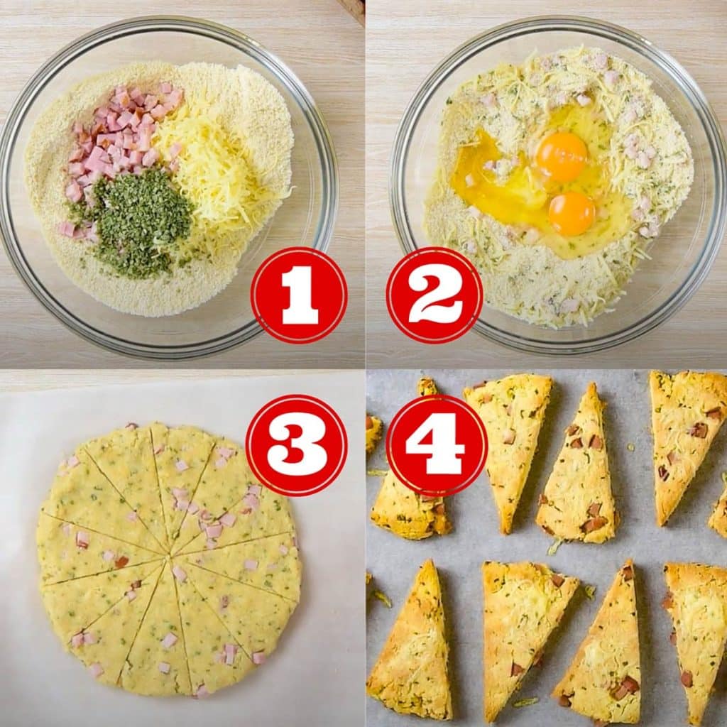 Keto scones step by step instructions. Four images, mixing, cutting and baking.