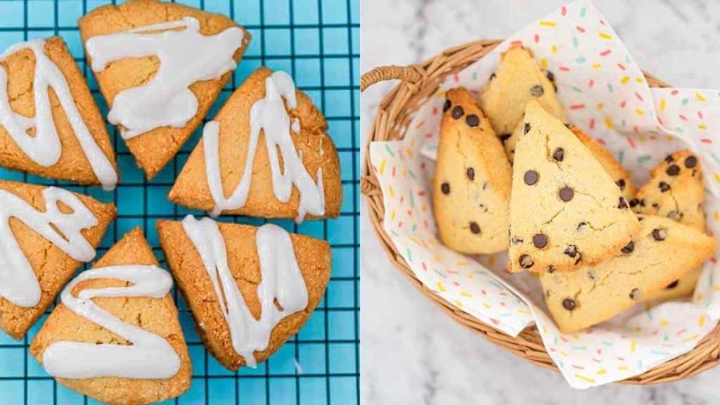 Two keto scones variations. Iced scones and chocolate chip scones.