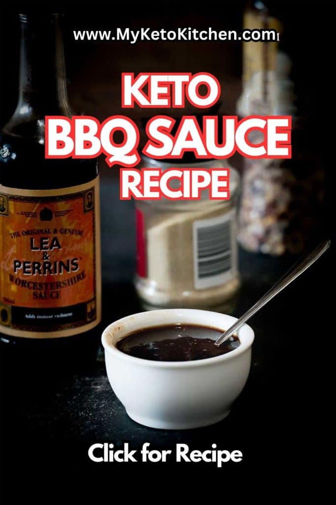 Keto BBQ sauce in a small bowl with text saying, "Keto BBQ sauce recipe."