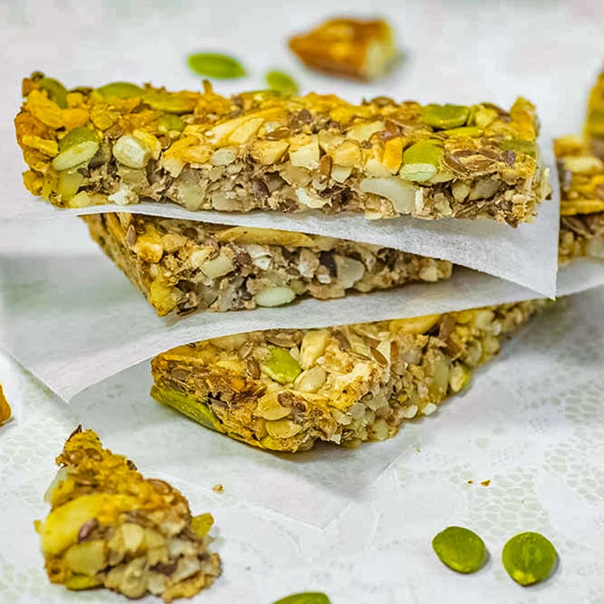 Keto granola bars on baking paper.