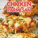 Keto chicken parmesan on a baking tray.