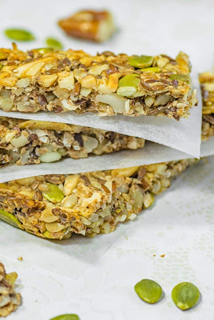 Keto granola bars on baking paper.