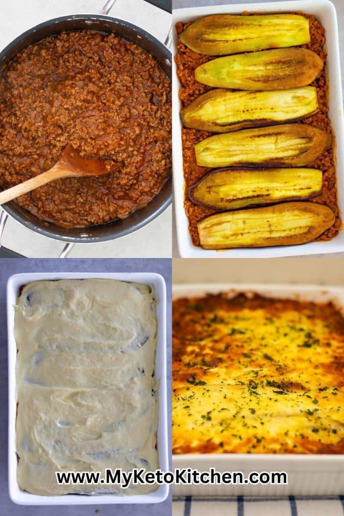 Four step of making keto lasagna. Ground lamb, eggplant,,cheese, and baked.