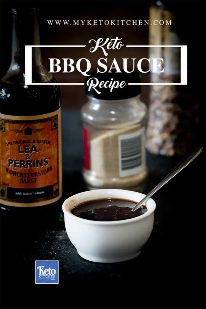 Keto BBQ sauce in a small bowl with text saying, "Keto BBQ sauce recipe."