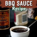 Keto BBQ sauce in a small bowl with text saying, "Keto BBQ sauce recipe."