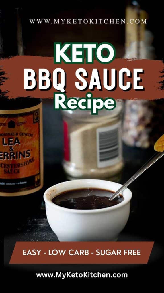 Keto BBQ sauce in a small bowl with text saying, "Keto BBQ sauce recipe."