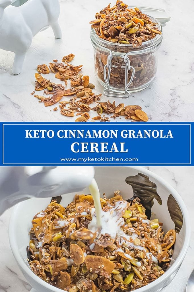 Two images of keto cereal in a bowl with milk