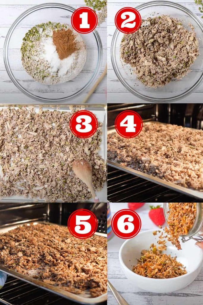 Six images showing how to make keto cereal step by step