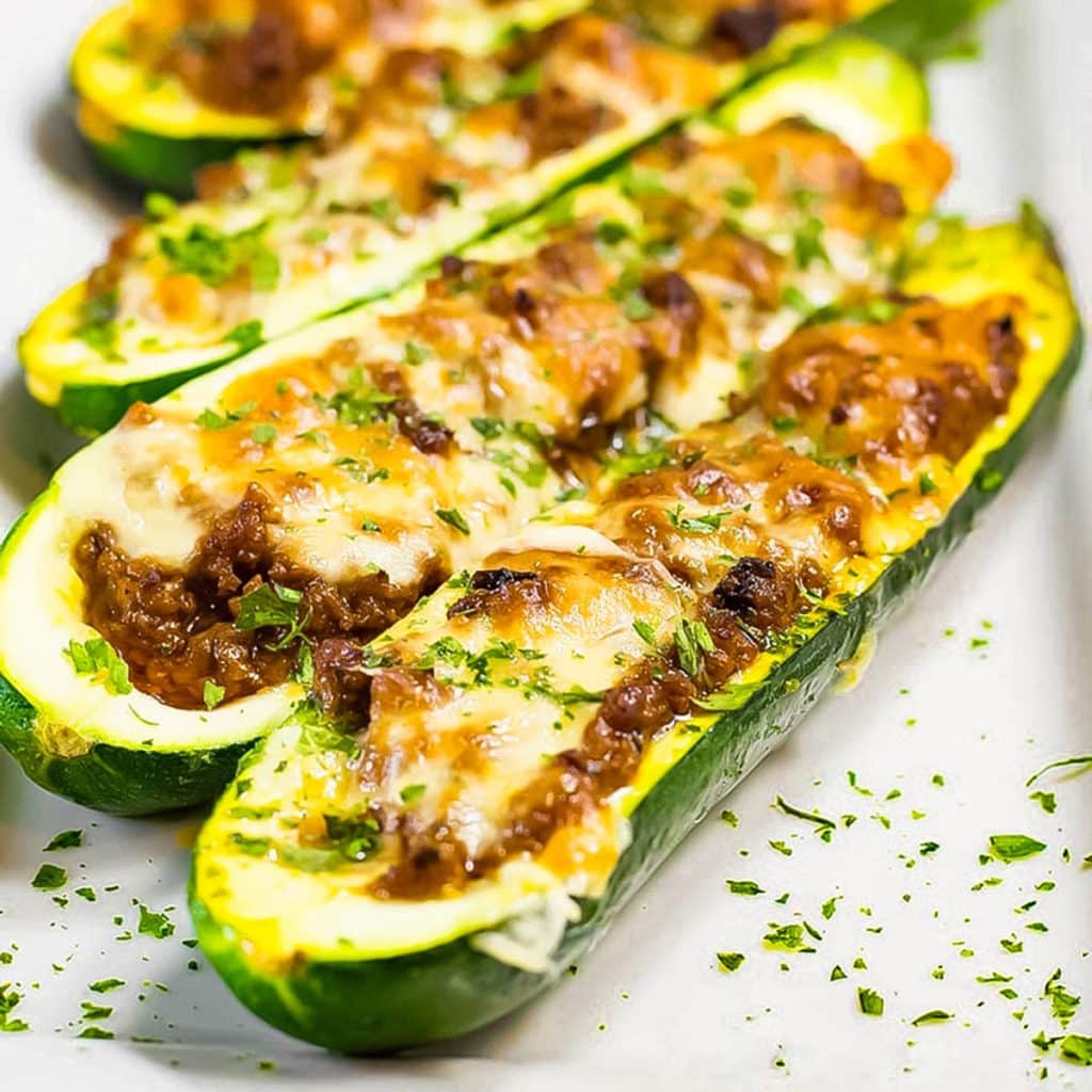 Keto zucchini boats on baking paper.