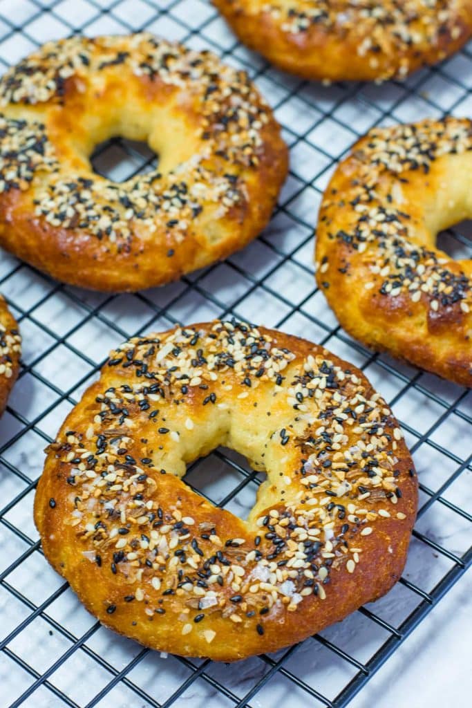 Keto bagels on a cooling rack.