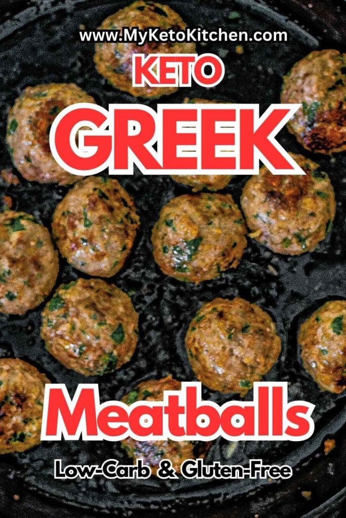 Keto Greek meatballs in a cast iron pan.
