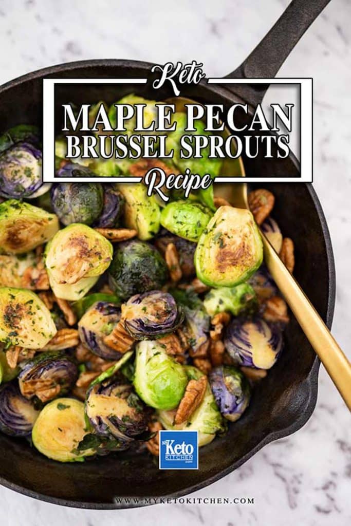 Keto brussel sprouts in a cast iron pan.