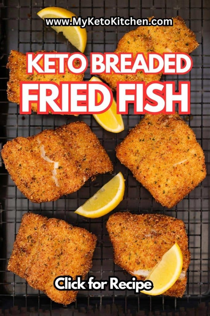 Keto breaded fried fish on a cooling rack with text saying, keto breaded fish."