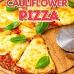 Keto cauliflower pizza in slices.