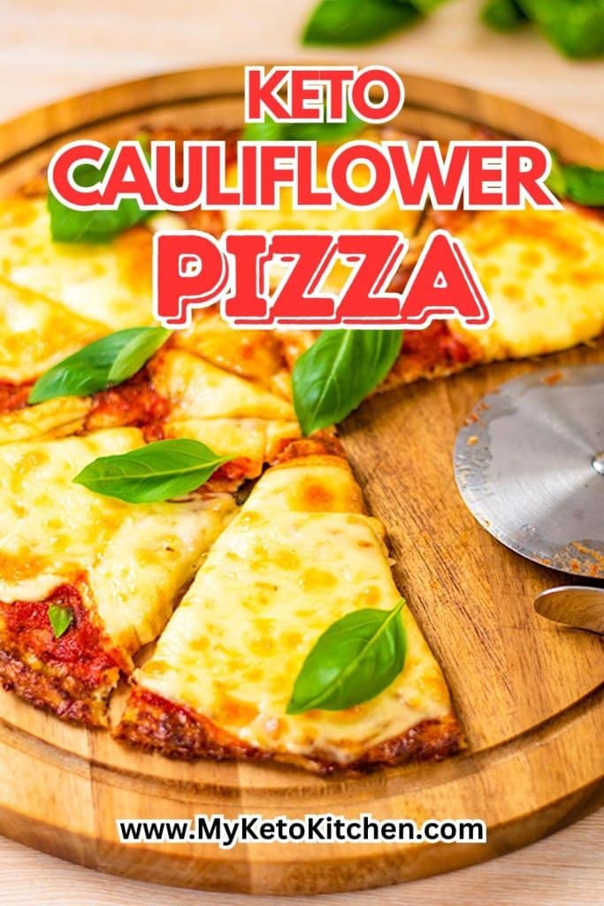 Keto cauliflower pizza in slices.