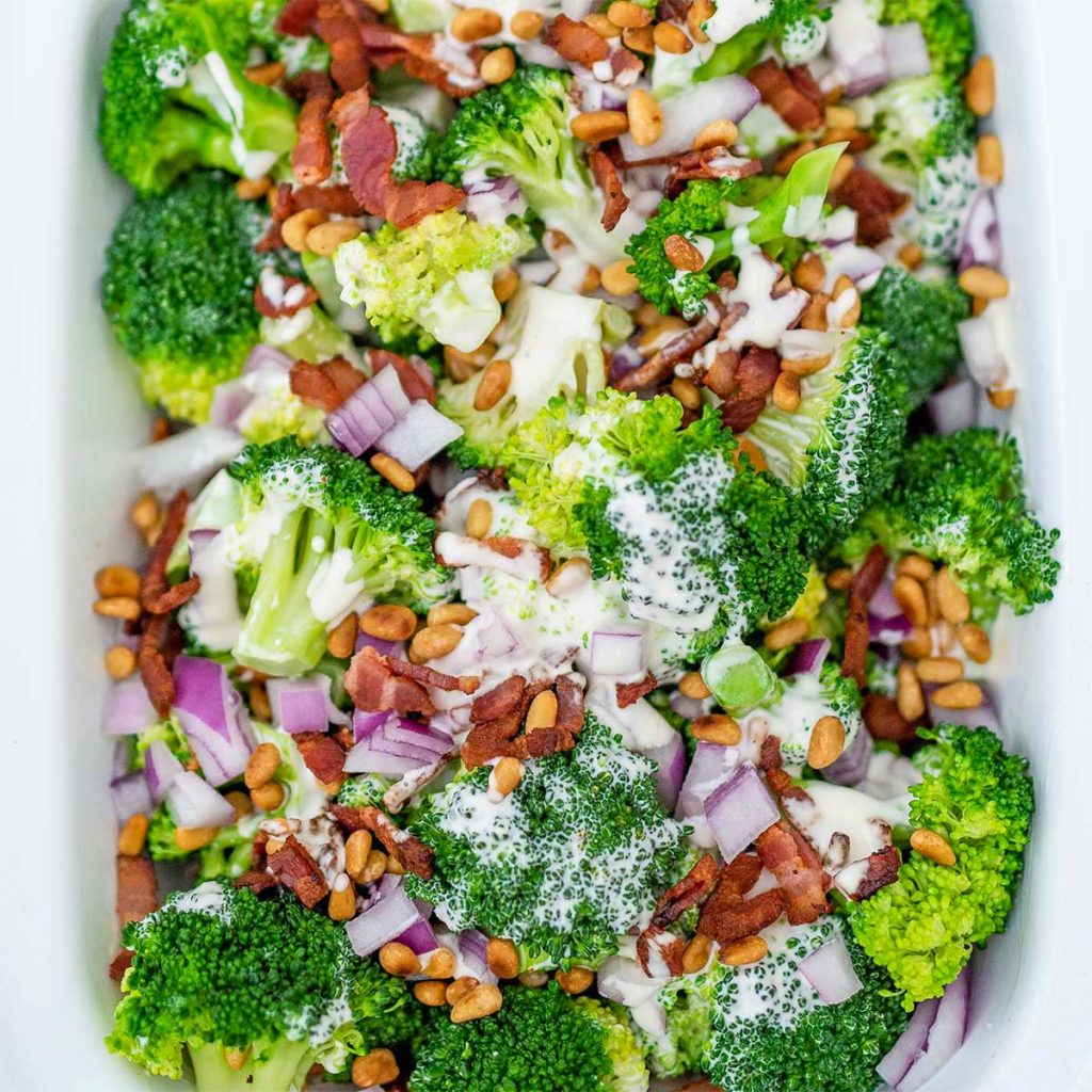 Broccoli salad recipe on a plate.