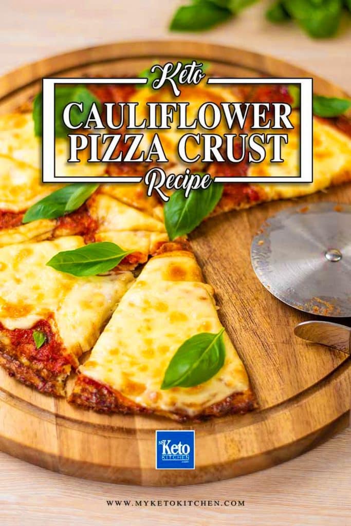 Keto cauliflower pizza in slices.