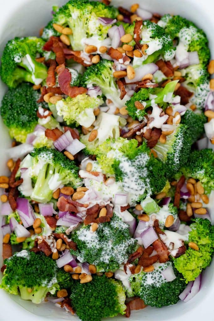 Keto broccoli salad in a salad bowl.