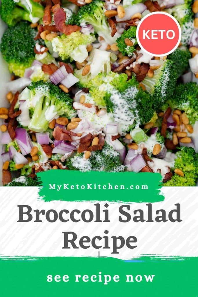 Keto broccoli salad recipe cover page with text and images.
