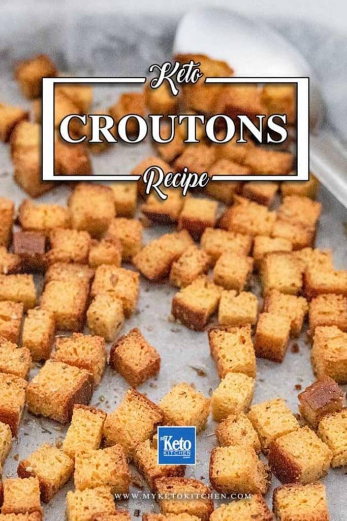 Keto croutons on a baking tray.