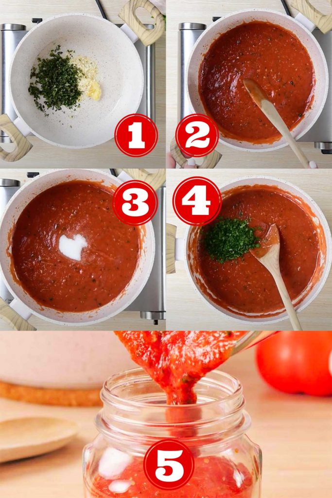 Five images of step by step making keto pizza sauce.