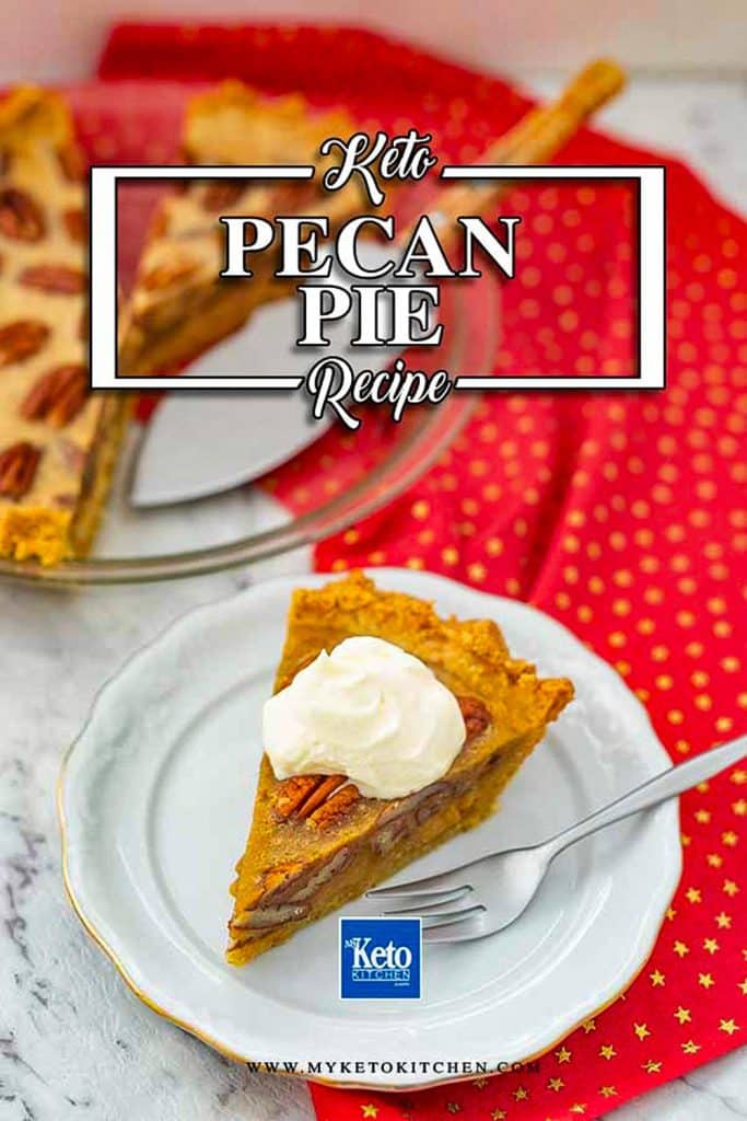 A slice of keto pecan pie on a white plate with whipped cream.
