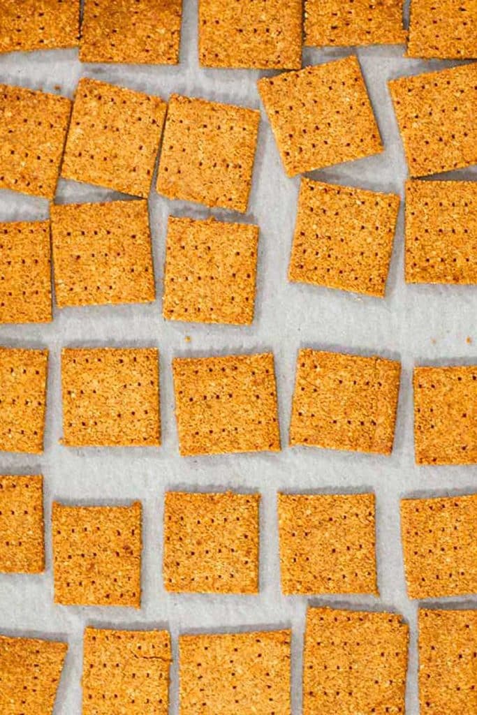 Keto graham cracker on a sheet pan.