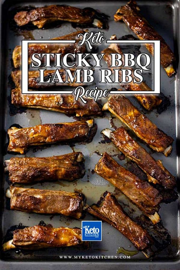 Keto sticky lamb ribs o a baking tray.